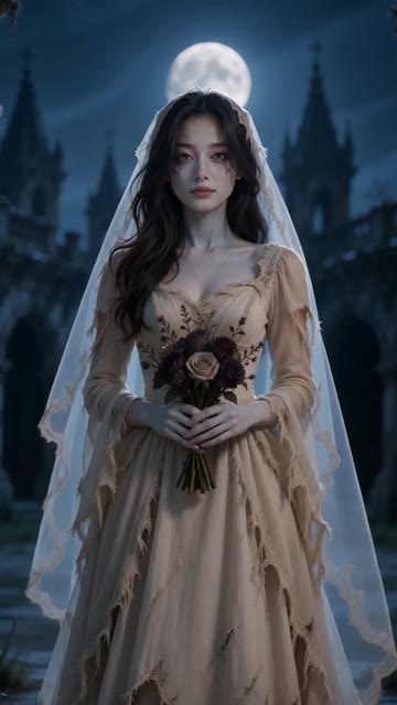 Corpse Bride AI: Ghost Bride, 9.0 seconds: Turn to display the veil and bouquet