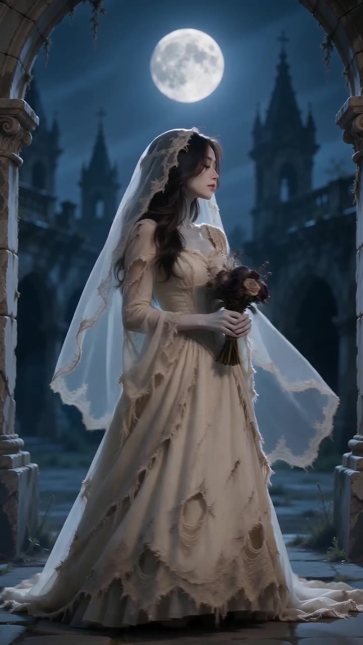 Corpse Bride AI: Ghost Bride: Blue mist reveals the bridal outfit