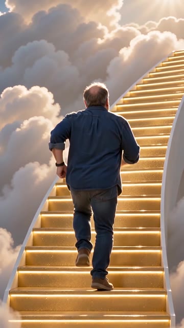 Heavenly Reunion AI Video, 1.3 seconds: Approach the golden staircase